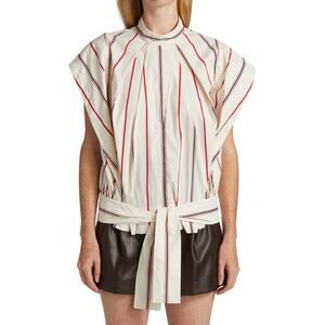 3.1 PHILLIP LIM | Ivory Red Striped Stand Collar Cap Sleeve Tie Hem Designer Top